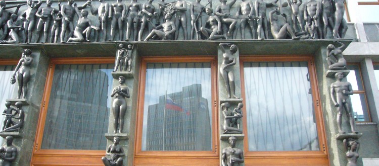the very interesting facade of the Parliament house. Ljubjana